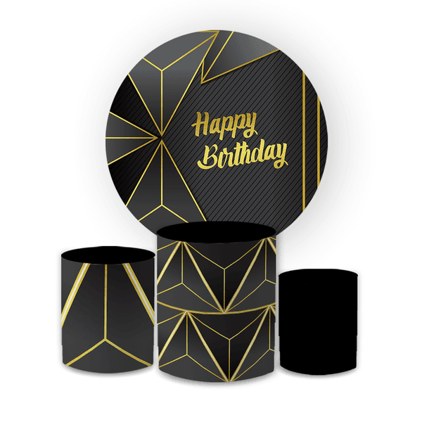 Kit Capa Painel Redondo + Trio Cilindros Decoração Festa Aniversário Happy Birthday Preto e Dourado 