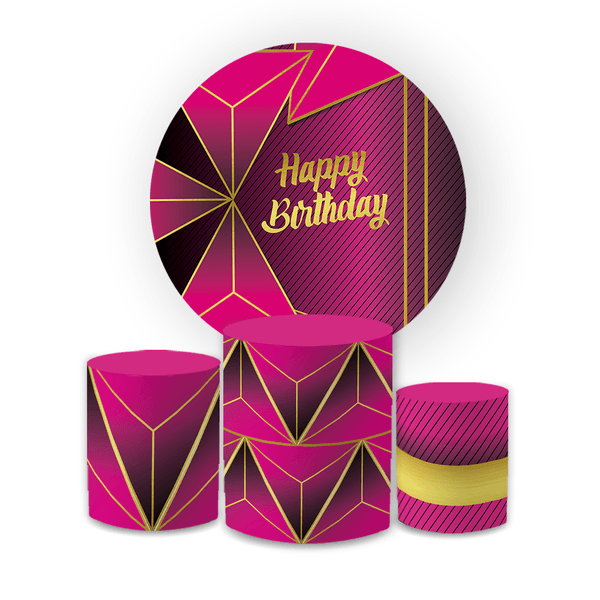 Kit Capa Painel Redondo + Trio Cilindros Decoração Festa Aniversário Happy Birthday Preto e Rosa