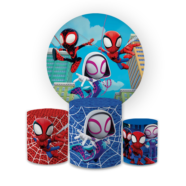 Kit Capa Painel Redondo + Trio Cilindros Decoração Festa Aniversário Infantil Tema Menino Homem Aranha Baby