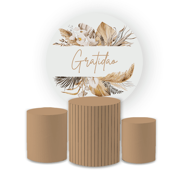 Kit Capa Painel Redondo + Trio Cilindros Decoração Festa Aniversário Gratidão Ripado 