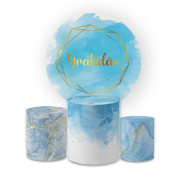 Kit Capa Painel Redondo + Trio Cilindros Decoração Festa Aniversário Gratidão Azul Claro