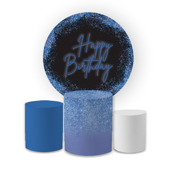 Kit Capa Painel Redondo + Trio Cilindros Decoração Festa Aniversário Happy Birthday Preto e Azul