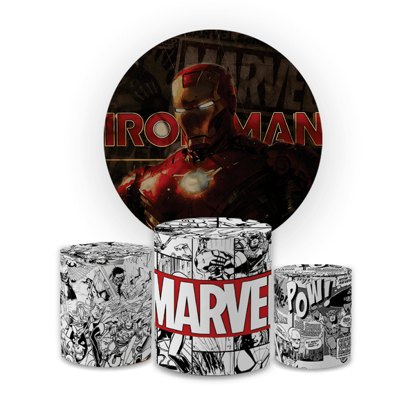 Kit Capa Painel Redondo + Trio Cilindros Decoração Festa Aniversário Infantil Tema Menino Homem de Ferro 