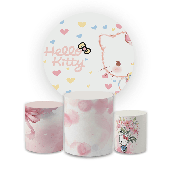 Kit Capa Painel Redondo + Trio Cilindros Decoração Festa Aniversário Infantil Tema Hello Kitty