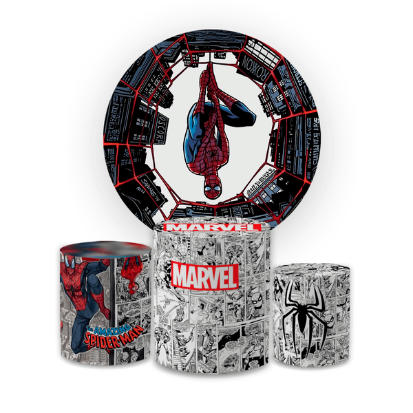Kit Capa Painel Redondo + Trio Cilindros Decoração Festa Aniversário Infantil Tema Menino Homem Aranha 
