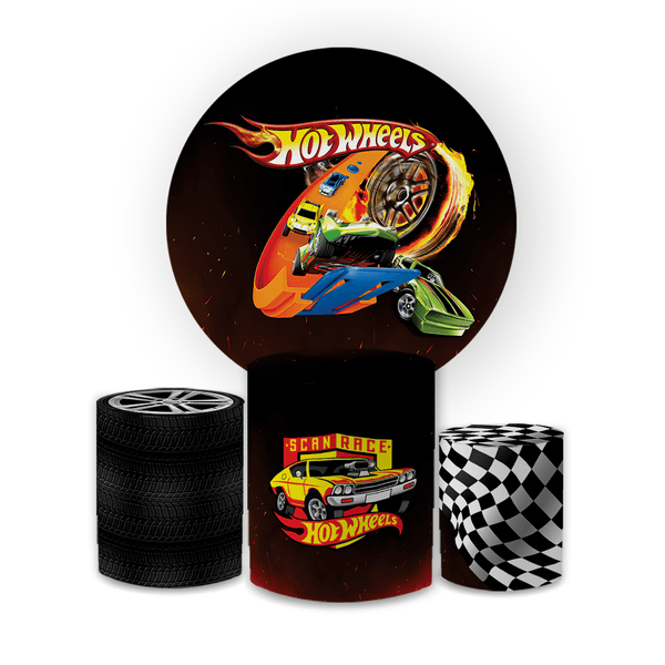 Kit Capa Painel Redondo + Trio Cilindros Decoração Festa Aniversário Infantil Tema Menino Carros Hotwheels 