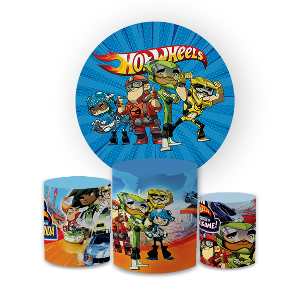 Kit Capa Painel Redondo + Trio Cilindros Decoração Festa Aniversário Infantil Tema Menino Carros Hotwheels 