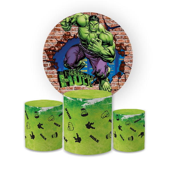 Kit Capa Painel Redondo + Trio Cilindros Decoração Festa Aniversário Infantil Tema Menino O Incrível Hulk