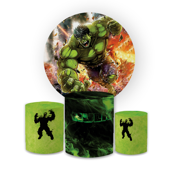 Kit Capa Painel Redondo + Trio Cilindros Decoração Festa Aniversário Infantil Tema Menino O Incrível Hulk 
