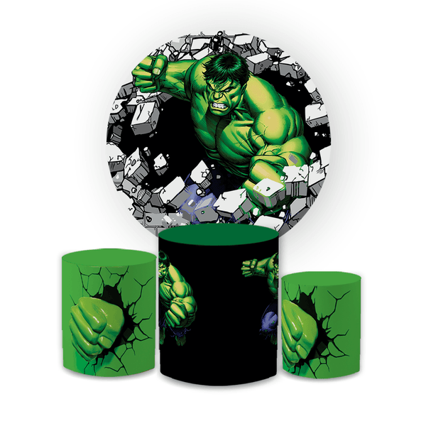 Kit Capa Painel Redondo + Trio Cilindros Decoração Festa Aniversário Infantil Tema Menino O Incrível Hulk 