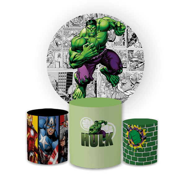 Kit Capa Painel Redondo + Trio Cilindros Decoração Festa Aniversário Infantil Tema Menino O Incrível Hulk 