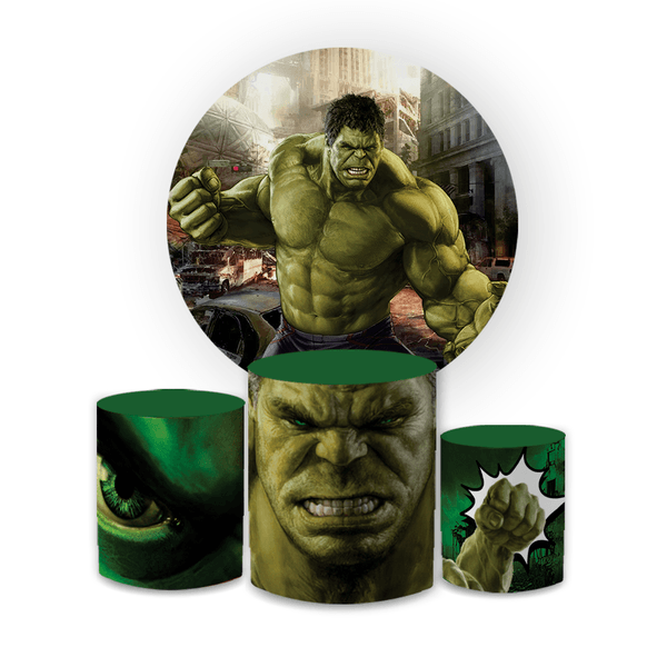 Kit Capa Painel Redondo + Trio Cilindros Decoração Festa Aniversário Infantil Tema Menino O Incrível Hulk 
