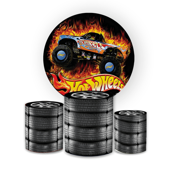 Kit Capa Painel Redondo + Trio Cilindros Decoração Festa Aniversário Infantil Tema Menino Carros Hotwheels 