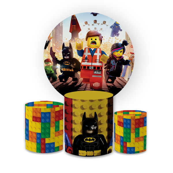 Kit Capa Painel Redondo + Trio Cilindros Decoração Festa Aniversário Infantil Tema Menino Lego 