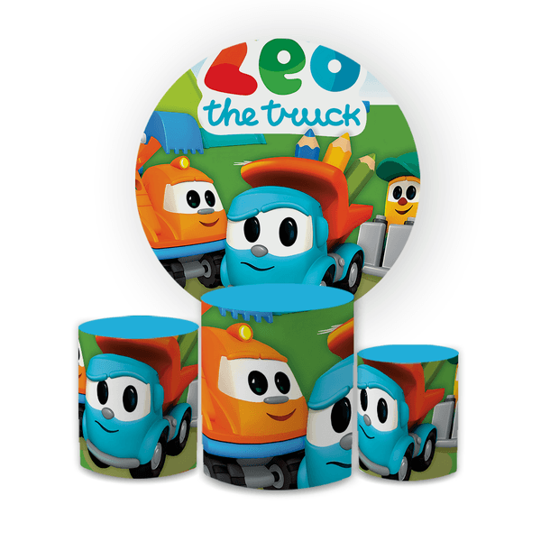 Kit Capa Painel Redondo + Trio Cilindros Decoração Festa Aniversário Infantil Tema Menino Léo Caminhão 