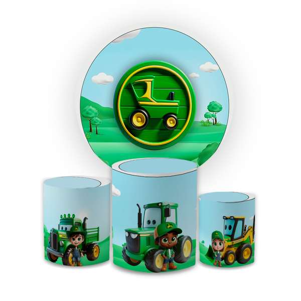 Kit Capa Painel Redondo + Trio Cilindros Decoração Festa Aniversário Infantil Tema Menino Trator John Deere 