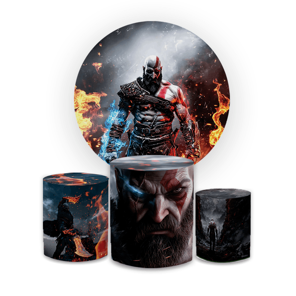 Kit Capa Painel Redondo + Trio Cilindros Decoração Festa Aniversário Jogo God Of War Kratos