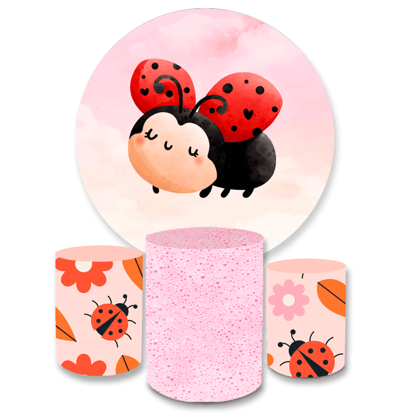 Kit Capa Painel Redondo + Trio Cilindros Decoração Festa Aniversário Infantil Tema Menina Joaninha