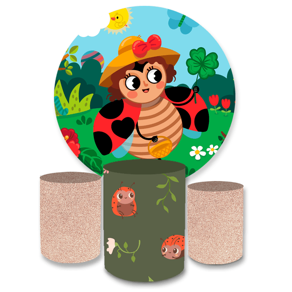 Kit Capa Painel Redondo + Trio Cilindros Decoração Festa Aniversário Infantil Tema Menina Joaninha 