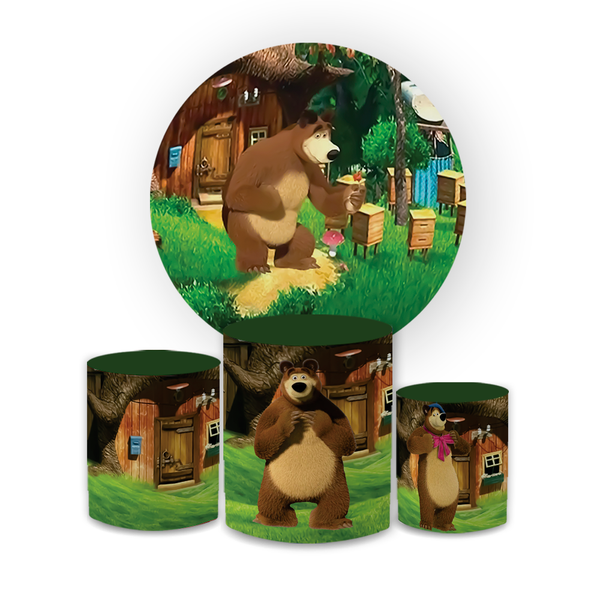 Kit Capa Painel Redondo + Trio Cilindros Decoração Festa Aniversário Infantil Tema Marsha e o Urso 