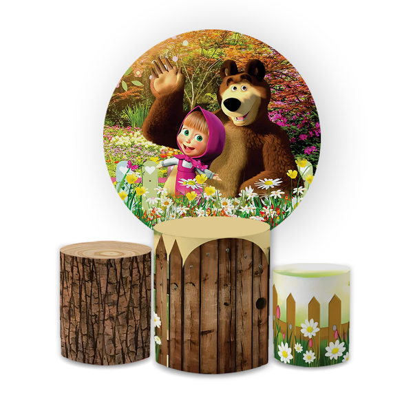 Kit Capa Painel Redondo + Trio Cilindros Decoração Festa Aniversário Infantil Tema Marsha e o Urso 