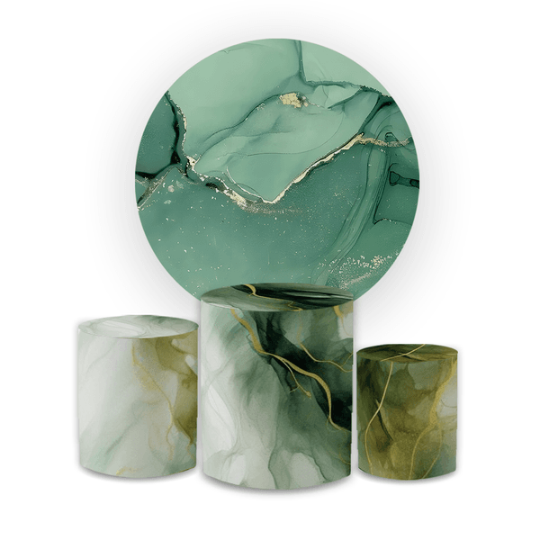 Kit Capa Painel Redondo + Trio Cilindros Decoração Festa Aniversário Tema Efeito Marmorizado Verde e Dourado