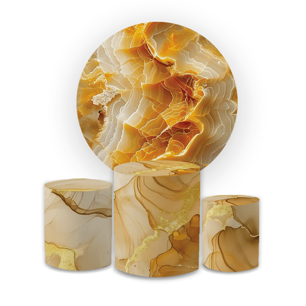 Kit Capa Painel Redondo + Trio Cilindros Decoração Festa Aniversário Tema Efeito Marmorizado Dourado