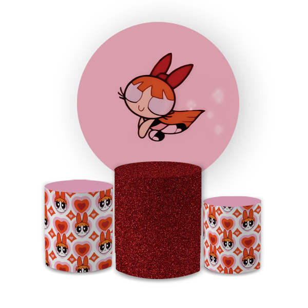 Kit Capa Painel Redondo + Trio Cilindros Decoração Festa Aniversário Infantil Tema As Meninas Super Poderosas Florzinha