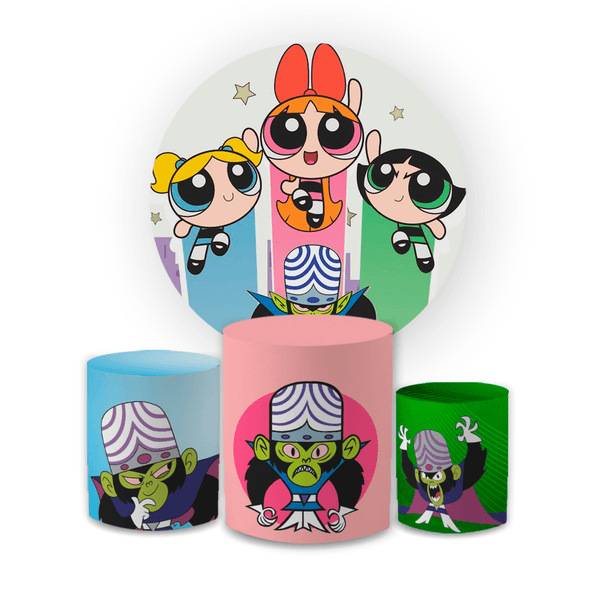 Kit Capa Painel Redondo + Trio Cilindros Decoração Festa Aniversário Infantil Tema As Meninas Super Poderosas 