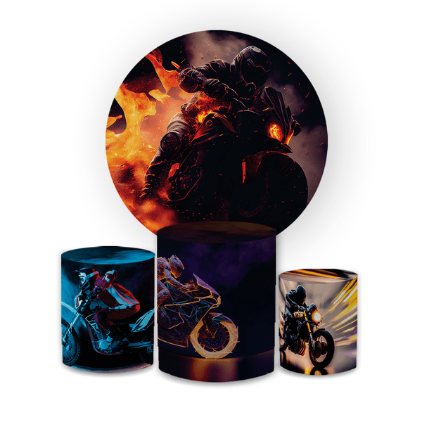 Kit Capa Painel Redondo + Trio Cilindros Decoração Festa Aniversário Tema Motocross 