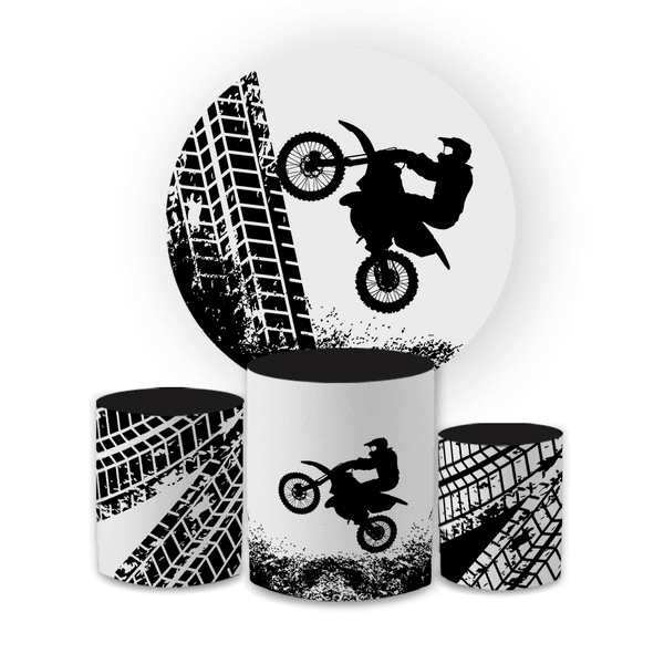 Kit Capa Painel Redondo + Trio Cilindros Decoração Festa Aniversário Tema Motocross 