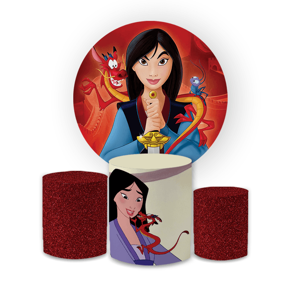 Kit Capa Painel Redondo + Trio Cilindros Decoração Festa Aniversário Infantil Tema Mulan 