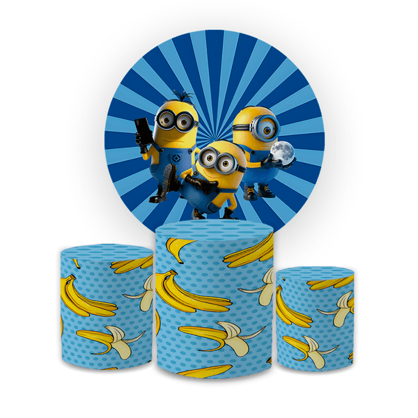 Kit Capa Painel Redondo + Trio Cilindros Decoração Festa Aniversário Infantil Tema Minions Meu Malvado Favorito 