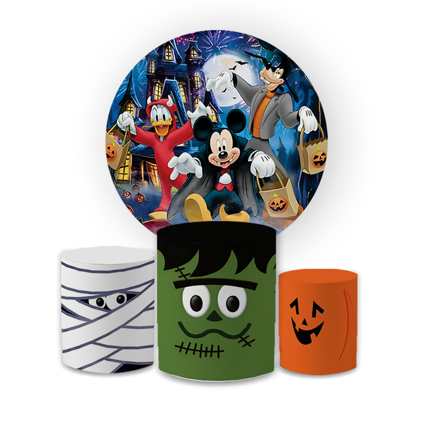 Kit Capa Painel Redondo + Trio Cilindros Decoração Festa Aniversário Infantil Tema Mickey Haloween
