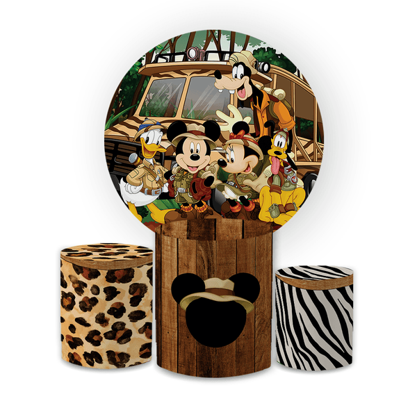Kit Capa Painel Redondo + Trio Cilindros Decoração Festa Aniversário Infantil Tema Mickey Safari 