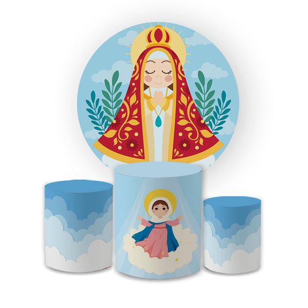 Kit Capa Painel Redondo + Trio Cilindros Decoração Festa Aniversário Infantil Tema Nossa Senhora 