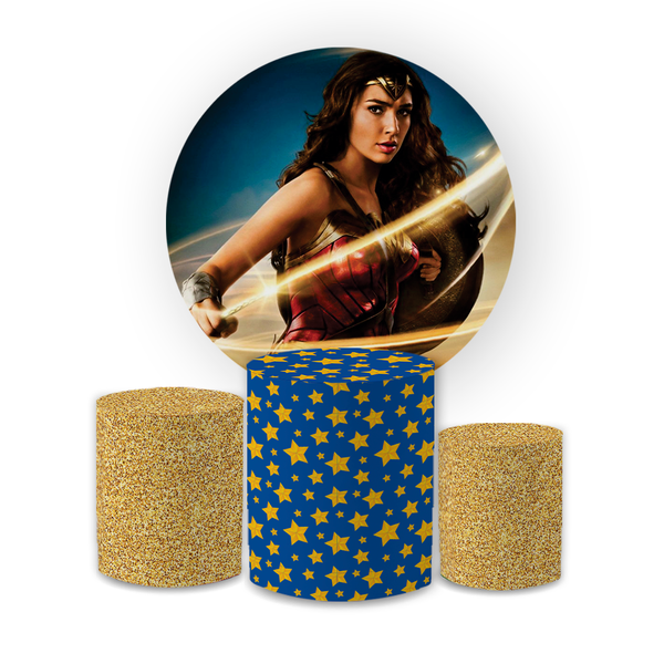 Kit Capa Painel Redondo + Trio Cilindros Decoração Festa Aniversário Infantil Tema Mulher Maravilha 