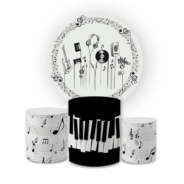 Kit Capa Painel Redondo + Trio Cilindros Decoração Festa Aniversário Tema Música 