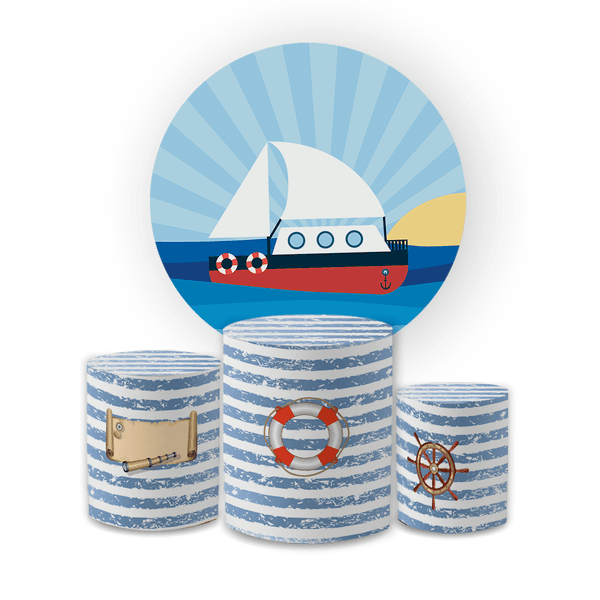 Kit Capa Painel Redondo + Trio Cilindros Decoração Festa Aniversário Tema Marinheiro Barquinho 
