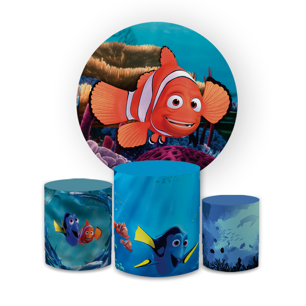 Kit Capa Painel Redondo + Trio Cilindros Decoração Festa Aniversário Infantil Tema Procurando o Nemo 