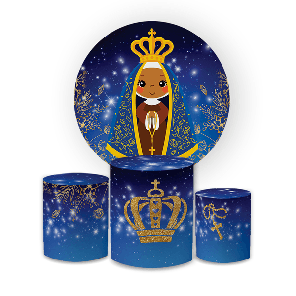Kit Capa Painel Redondo + Trio Cilindros Decoração Festa Aniversário Infantil Tema Nossa Senhora Aparecida 
