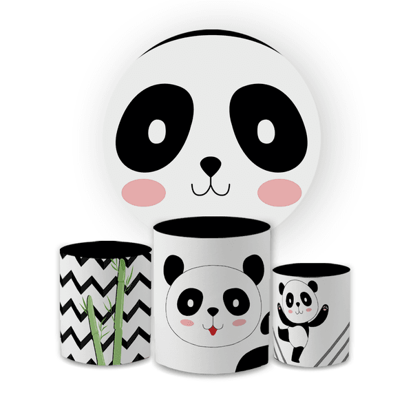 Kit Capa Painel Redondo + Trio Cilindros Decoração Festa Aniversário Infantil Tema Panda 