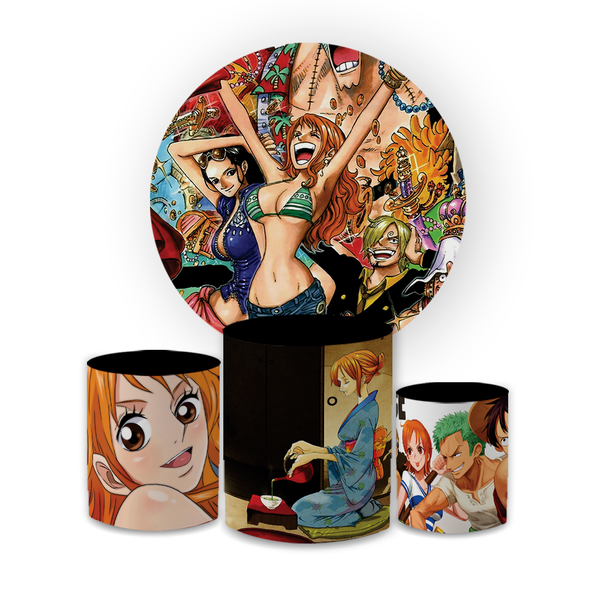 Kit Capa Painel Redondo + Trio Cilindros Decoração Festa Aniversário Infantil Tema One Piece 