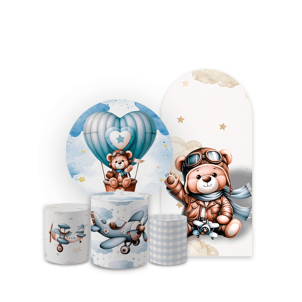  Kit Casadinho Capa Painel Redondo + Romano + Trio Capas de Cilindro Tema Ursinho Baloeiro