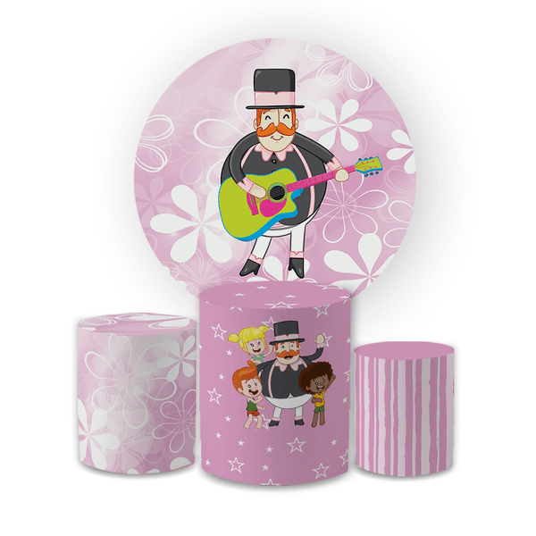 Kit Capa Painel Redondo + Trio Cilindros Decoração Festa Aniversário Infantil Tema Mundo Bita Rosa