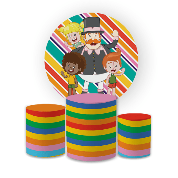 Kit Capa Painel Redondo + Trio Cilindros Decoração Festa Aniversário Infantil Tema Mundo Bita 
