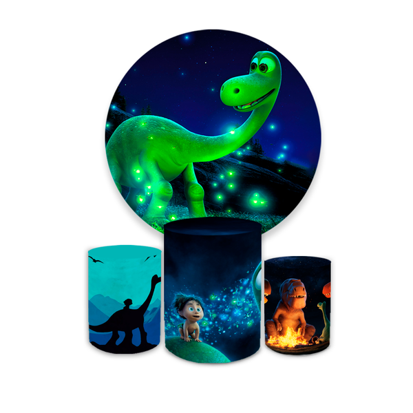 Kit Capa Painel Redondo + Trio Cilindros Decoração Festa Aniversário Infantil Tema O Bom Dinossauro 