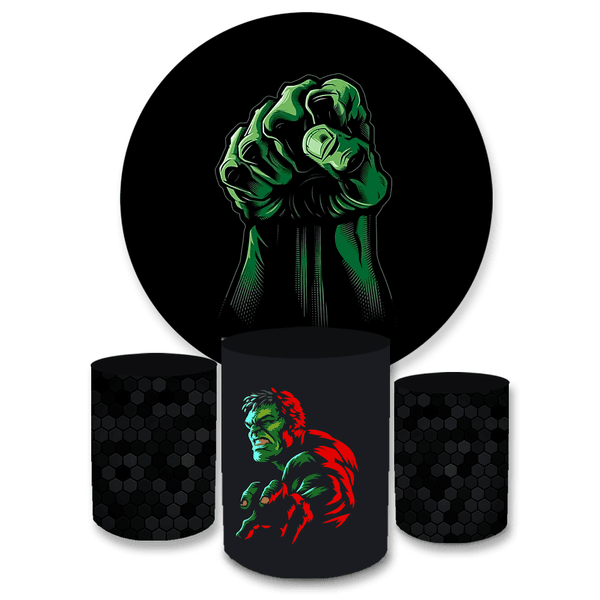 Kit Capa Painel Redondo + Trio Cilindros Decoração Festa Aniversário Infantil Tema Menino O Incrível Hulk 