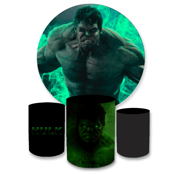Kit Capa Painel Redondo + Trio Cilindros Decoração Festa Aniversário Infantil Tema Menino O Incrível Hulk
