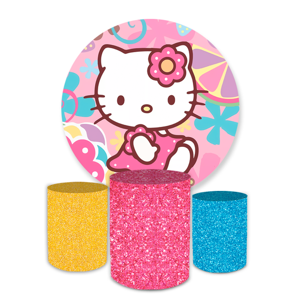Kit Capa Painel Redondo + Trio Cilindros Decoração Festa Aniversário Infantil Tema Hello Kitty 